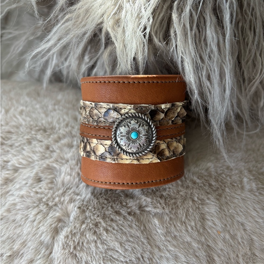 Light Brown Leather Medallion Statement Cuff With… - image 2